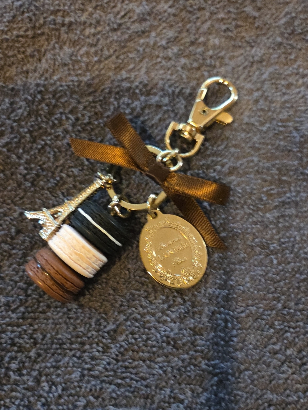 Eiffel Tower Macaron Stack Keychain with Gold Charm and Brown Bow
